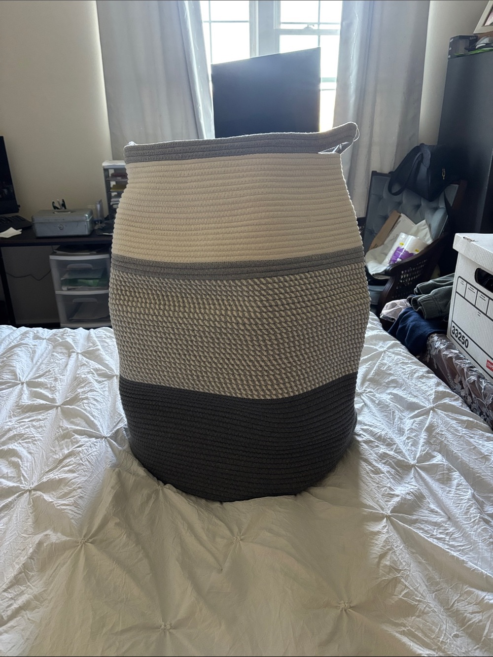Milly Neutral Striped Knit Storage Basket in White and Gray